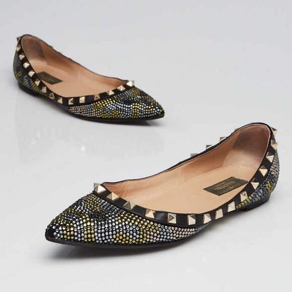 Valentino Black Leather Camo Crystal Rockstud Flats Size 7/37.5 - Picture 1 of 5